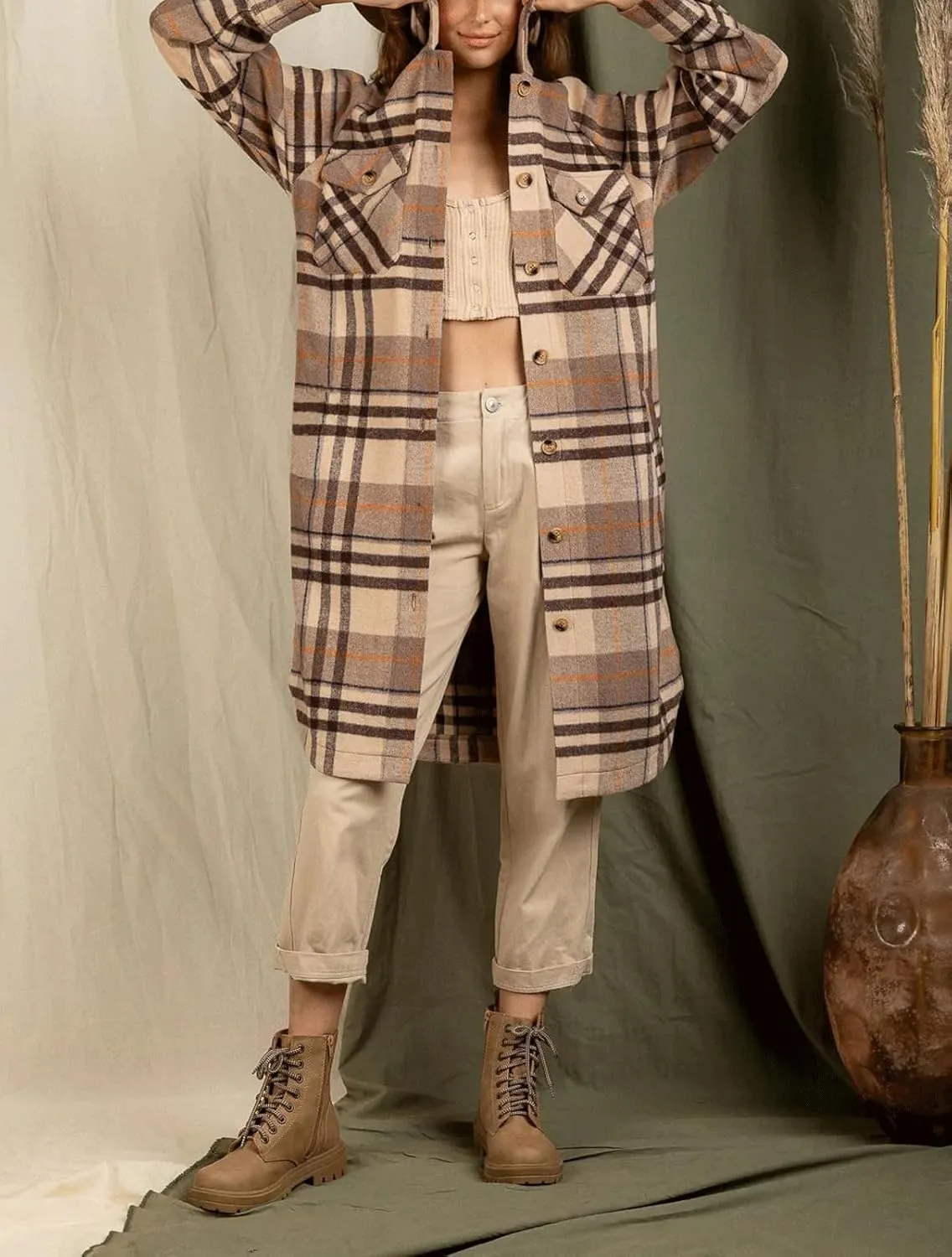 CHARTOU Women's Winter Plaid Trench Coat Turndown Collar Button Down Jacket Loose Long Pea Coat with Pockets