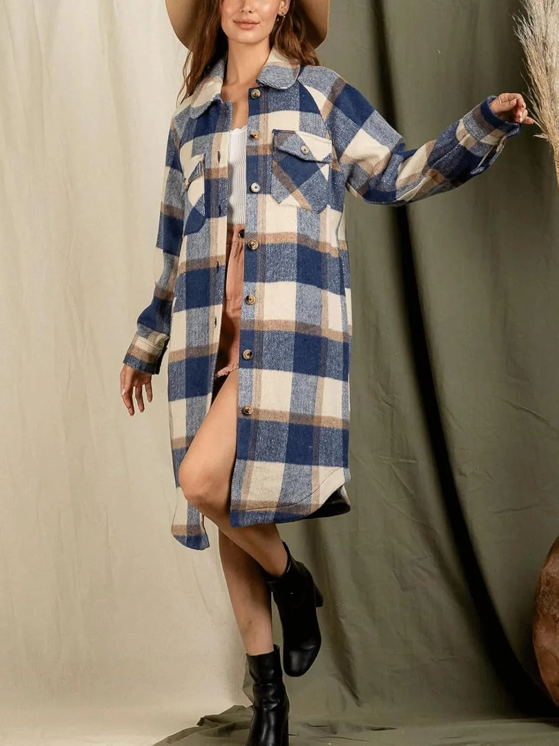 CHARTOU Women's Winter Plaid Trench Coat Turndown Collar Button Down Jacket Loose Long Pea Coat with Pockets
