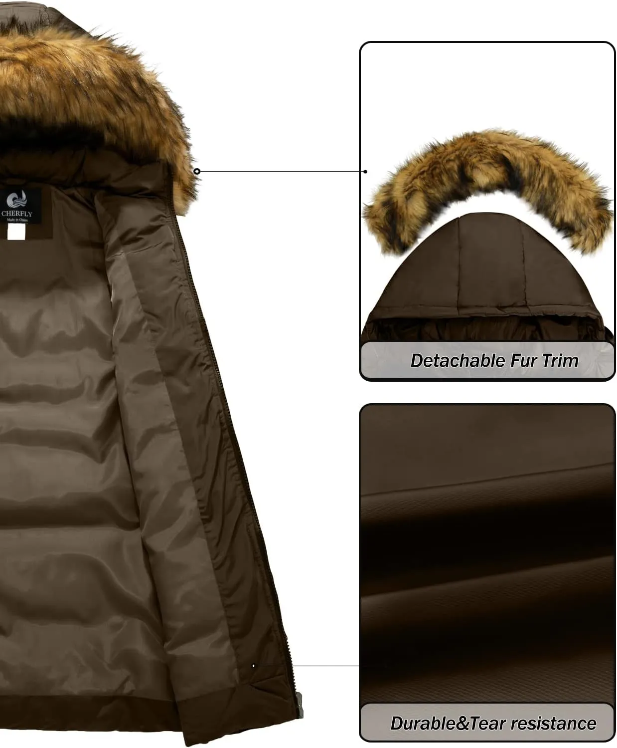 CHERFLY Women's Winter Puffer Coat Heavy Warm Long Parka Down Jacket with Fur Hood