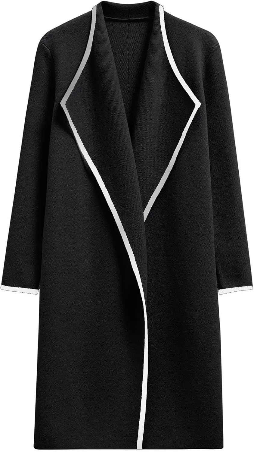 CHICWISH Women Contrast Edge Open Front Knit Cardigan Coat Lightweight Long Cardigans with Pockets