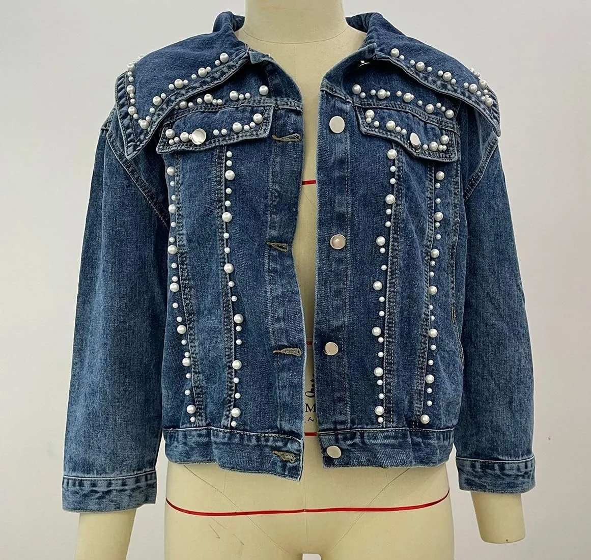 choutyatou Women's Cute Big Lapel Collar Trendy Pearl Studded Short Denim Jacket