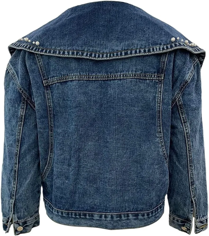 choutyatou Women's Cute Big Lapel Collar Trendy Pearl Studded Short Denim Jacket