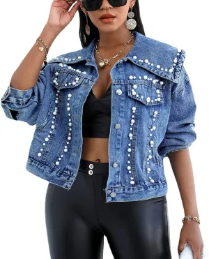 choutyatou Women's Cute Big Lapel Collar Trendy Pearl Studded Short Denim Jacket