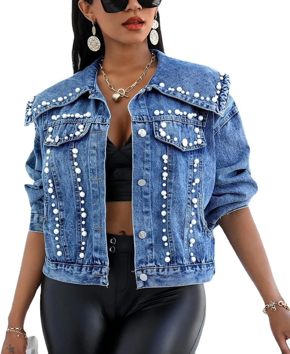 choutyatou Women's Cute Big Lapel Collar Trendy Pearl Studded Short Denim Jacket