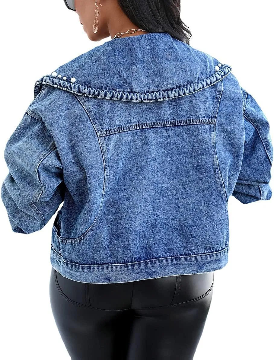 choutyatou Women's Cute Big Lapel Collar Trendy Pearl Studded Short Denim Jacket