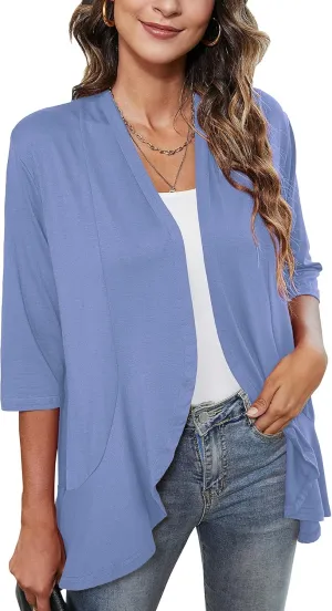 Chunoy Women Casual Lightweight Kimono Cardigan Open Front 3/4 Sleeve Draped Solid Cover Up