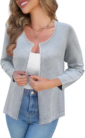 CiCiBird Women Lightweight Open Front Sweater Cardigan Pearls Trim Knit Jacket Trendy Long Sleeve Clothes Coatigan