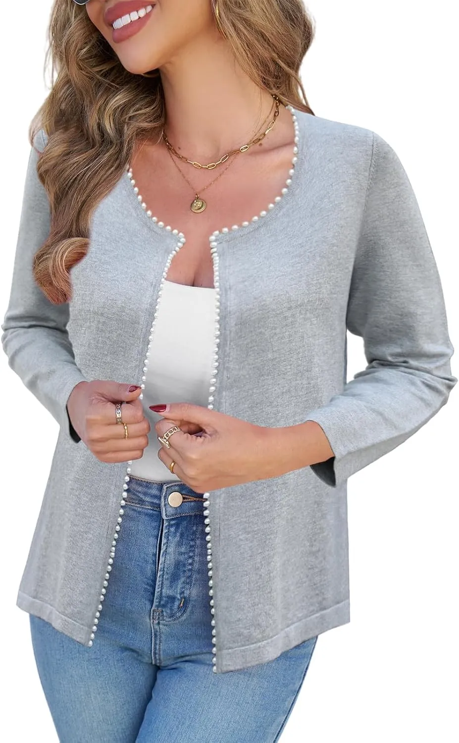 CiCiBird Women Lightweight Open Front Sweater Cardigan Pearls Trim Knit Jacket Trendy Long Sleeve Clothes Coatigan