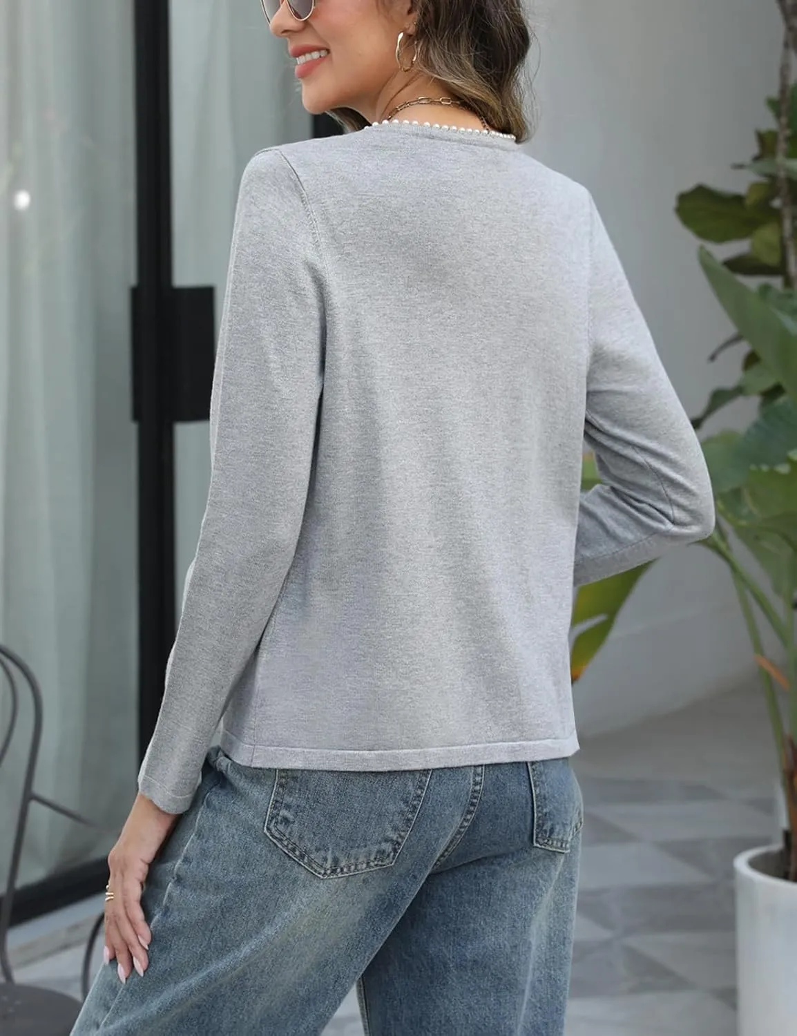 CiCiBird Women Lightweight Open Front Sweater Cardigan Pearls Trim Knit Jacket Trendy Long Sleeve Clothes Coatigan