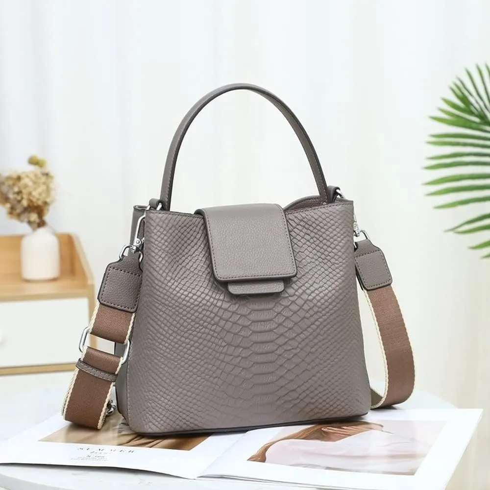 Crocodile Print Leather Bucket Bag Women's Fashion Handbags Multipurpose Design Unique Shoulder Bags (Brown)