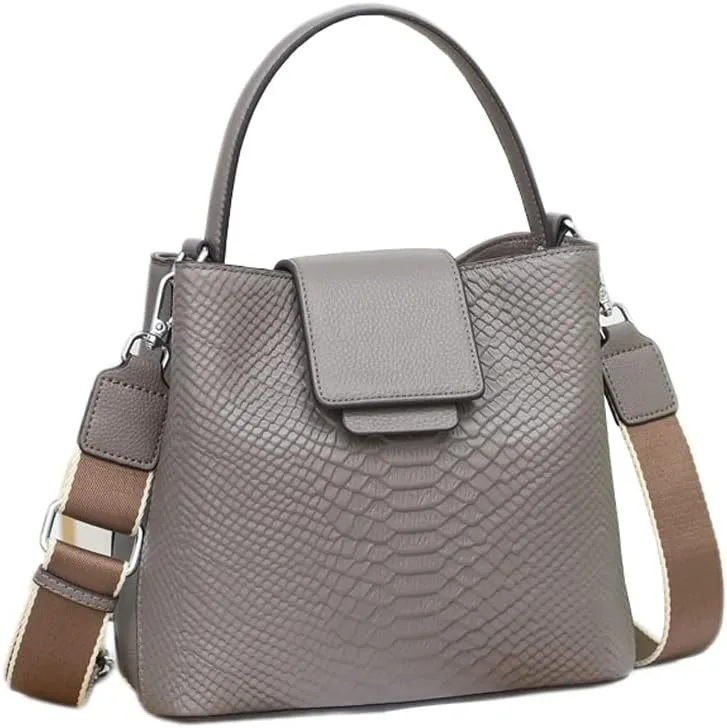 Crocodile Print Leather Bucket Bag Women's Fashion Handbags Multipurpose Design Unique Shoulder Bags (Brown)