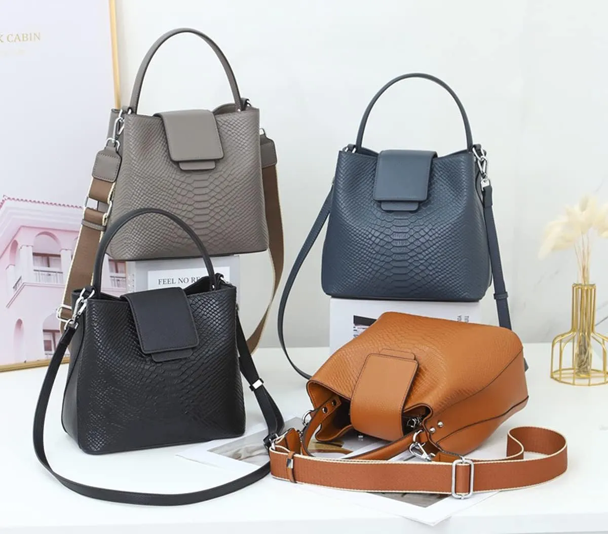 Crocodile Print Leather Bucket Bag Women's Fashion Handbags Multipurpose Design Unique Shoulder Bags (Brown)