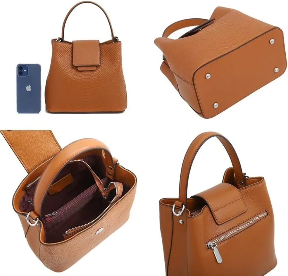 Crocodile Print Leather Bucket Bag Women's Fashion Handbags Multipurpose Design Unique Shoulder Bags (Brown)