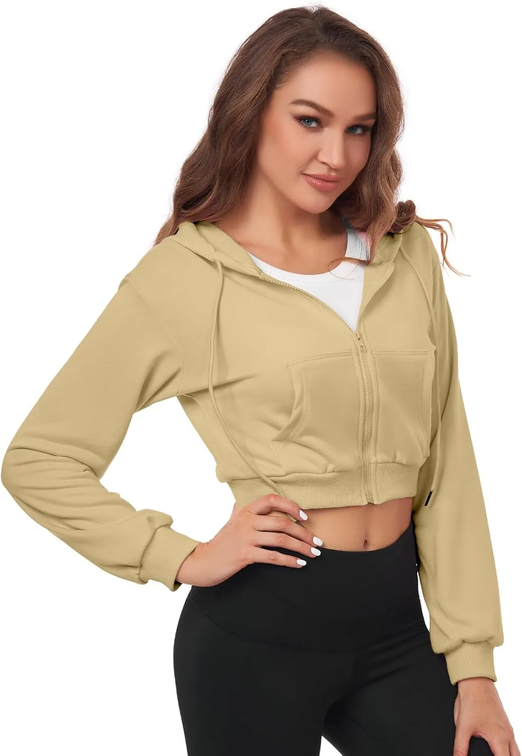 Cropped Zip Up Hoodie Women Jacket Top Sweatshirt Casual Basic Gym Workout Sport