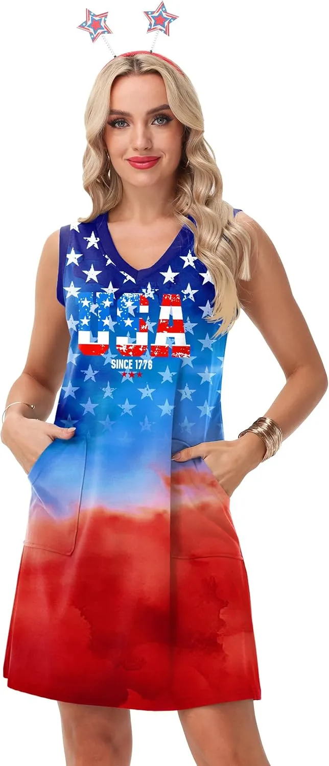 Deerose July 4th Sleeveless Dress American Flag Swim Cover Up Dress with Pockets