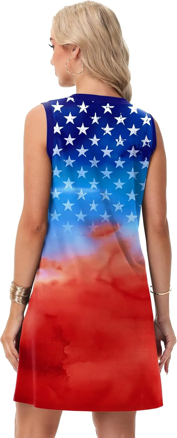 Deerose July 4th Sleeveless Dress American Flag Swim Cover Up Dress with Pockets