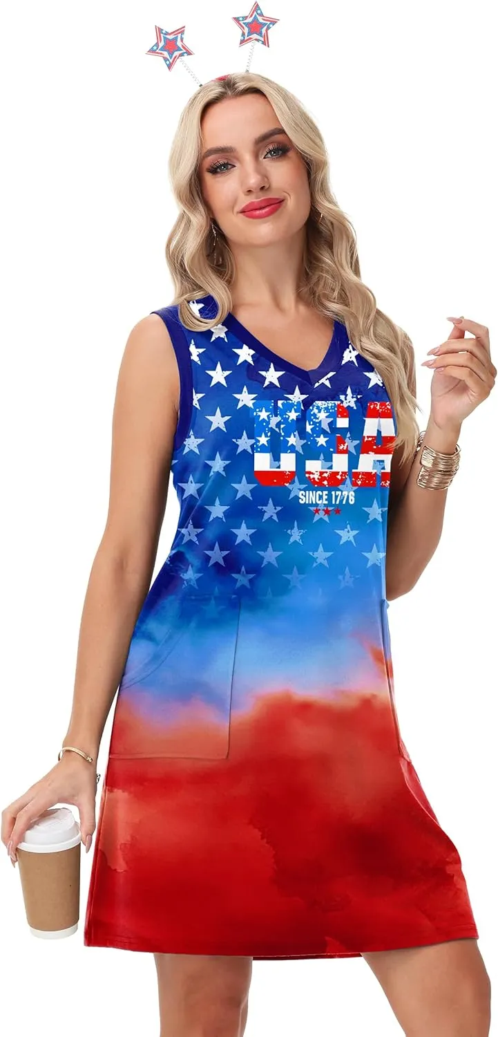 Deerose July 4th Sleeveless Dress American Flag Swim Cover Up Dress with Pockets