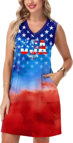 Deerose July 4th Sleeveless Dress American Flag Swim Cover Up Dress with Pockets
