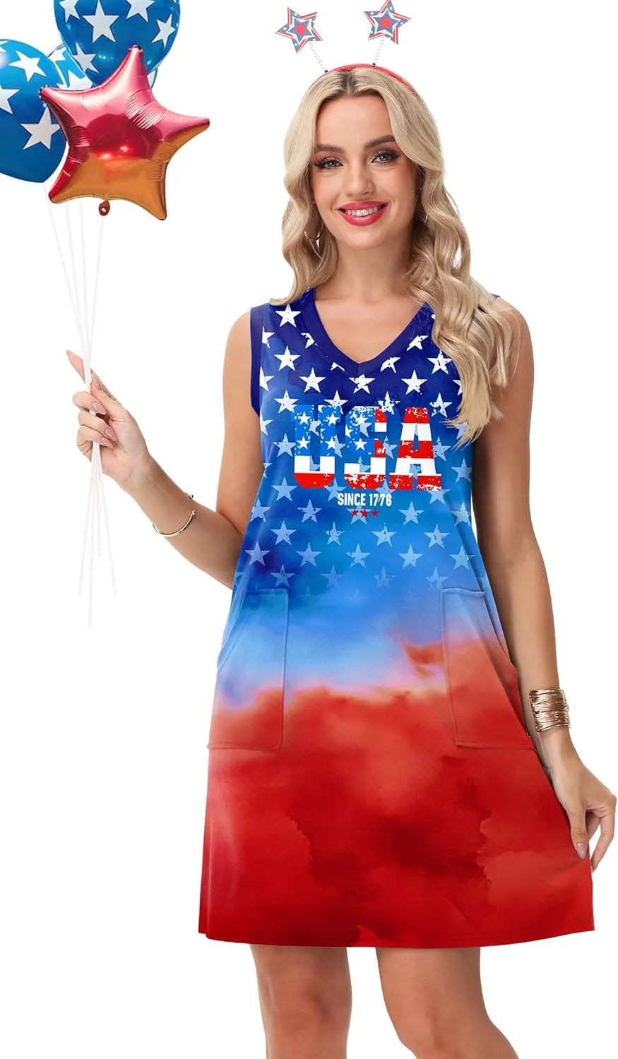 Deerose July 4th Sleeveless Dress American Flag Swim Cover Up Dress with Pockets