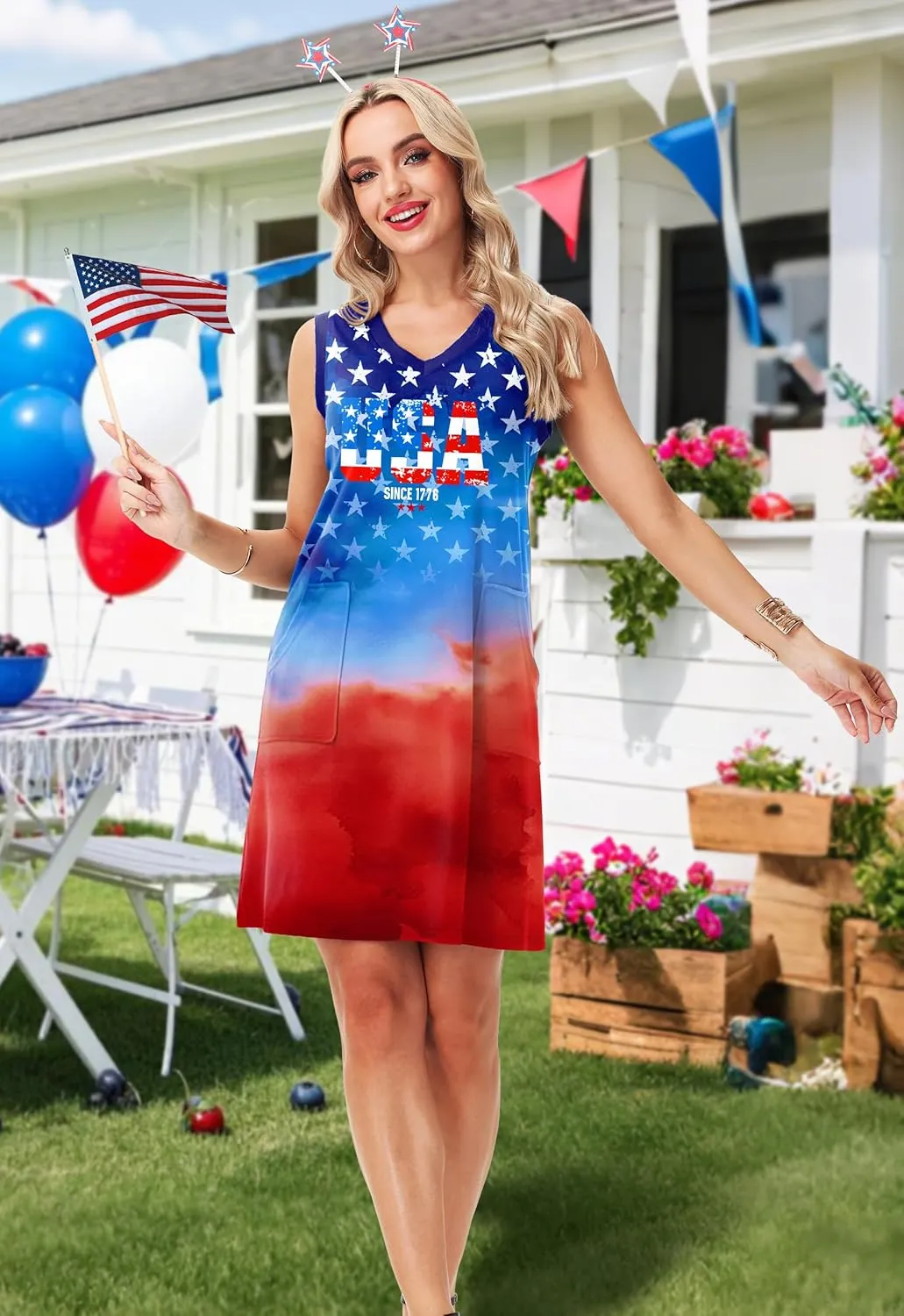 Deerose July 4th Sleeveless Dress American Flag Swim Cover Up Dress with Pockets