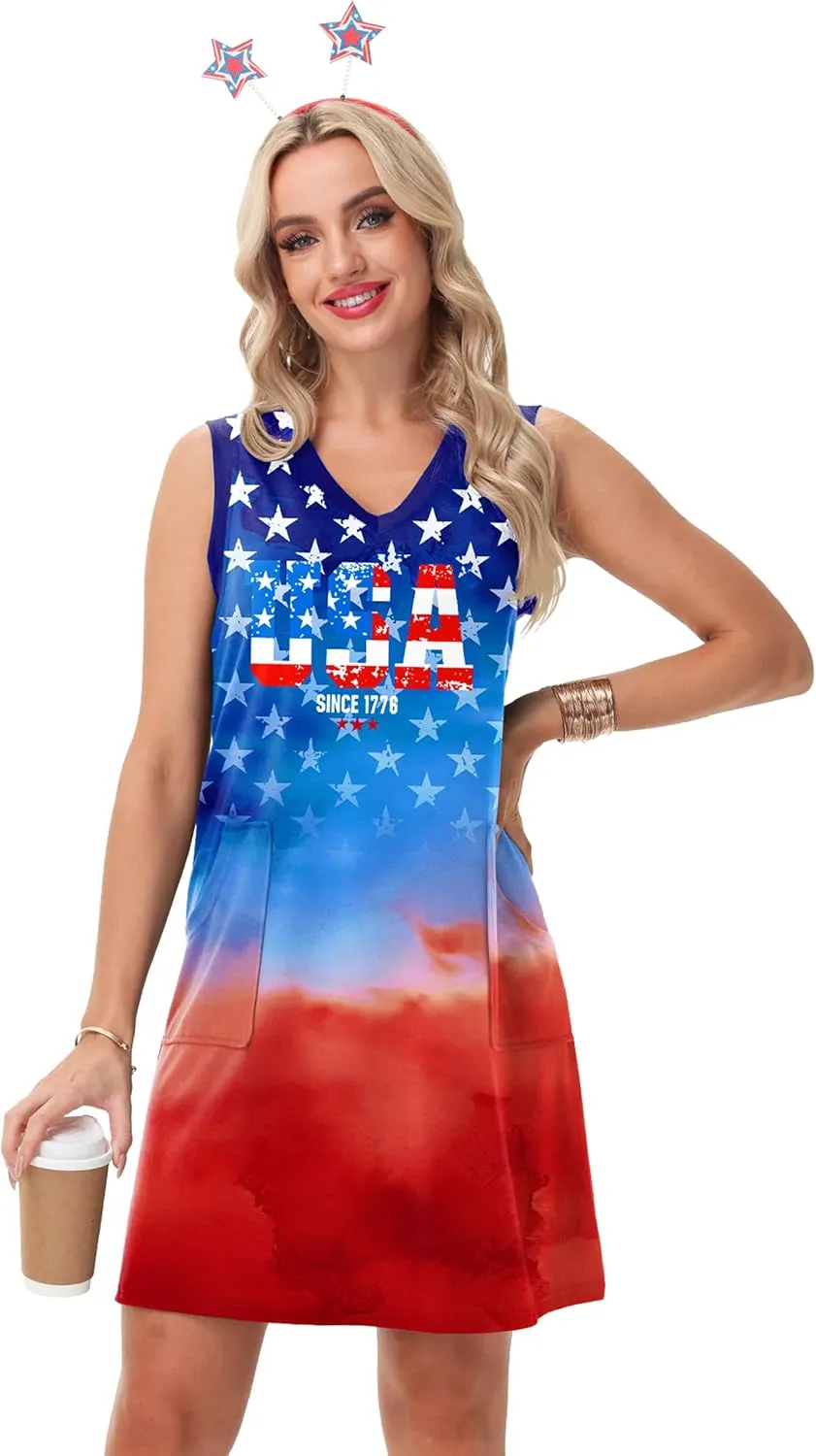 Deerose July 4th Sleeveless Dress American Flag Swim Cover Up Dress with Pockets