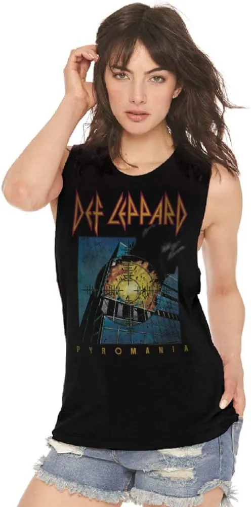 Def Leppard English Rock Heavy Metal Band Faded Pyromania Ladies Muscle Tank Top