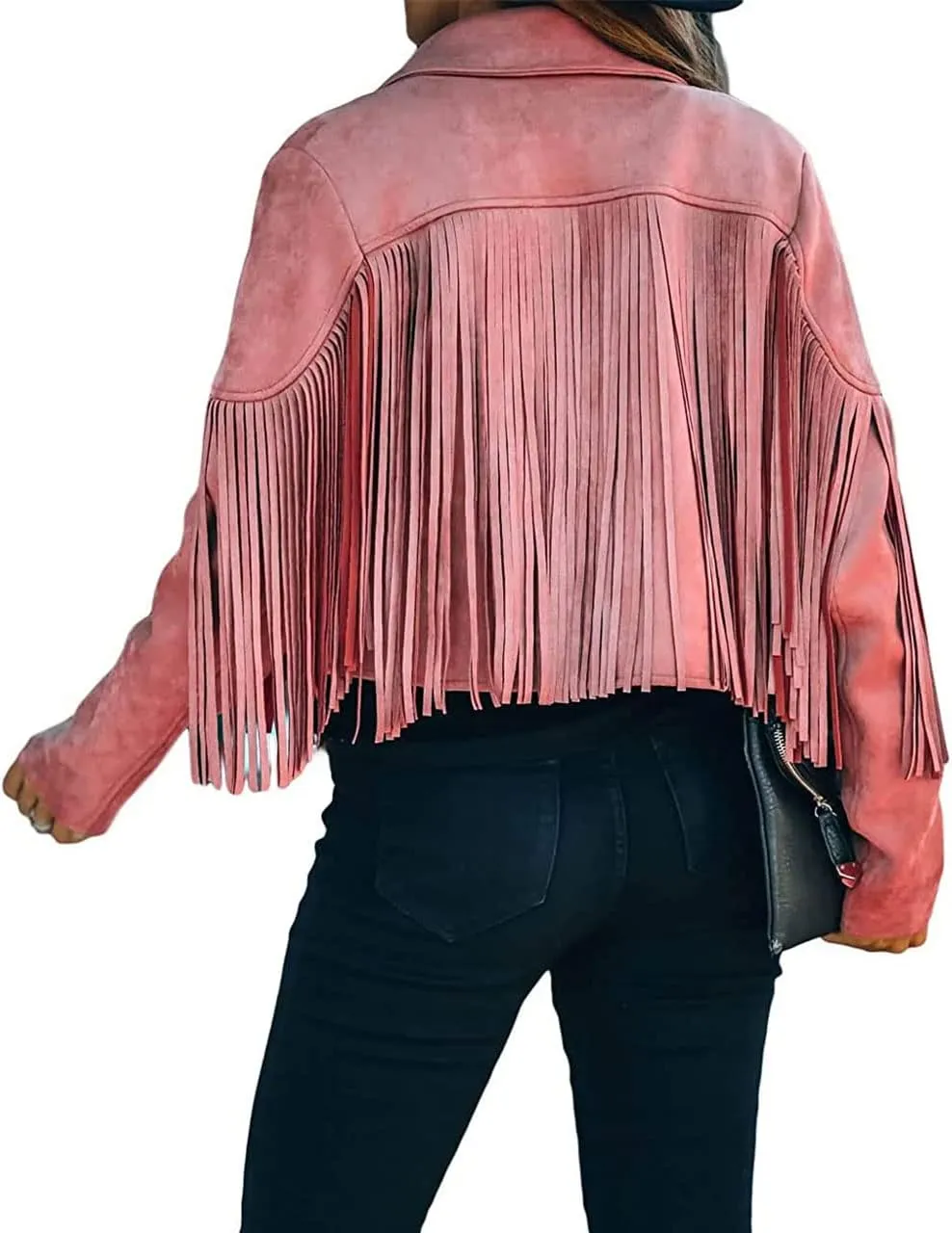 ebossy Women's Suede Fringe Jacket Long Sleeve Slim Faux Leather Boyfriend Cropped Top with Tassles