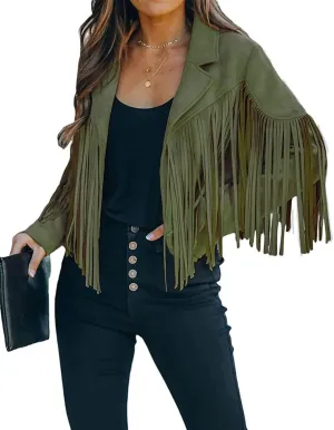 ebossy Women's Suede Fringe Jacket Long Sleeve Slim Faux Leather Boyfriend Cropped Top with Tassles