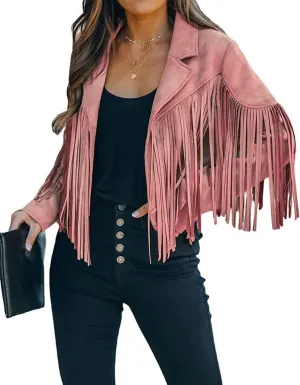 ebossy Women's Suede Fringe Jacket Long Sleeve Slim Faux Leather Boyfriend Cropped Top with Tassles