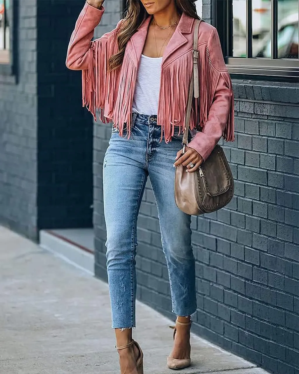 ebossy Women's Suede Fringe Jacket Long Sleeve Slim Faux Leather Boyfriend Cropped Top with Tassles