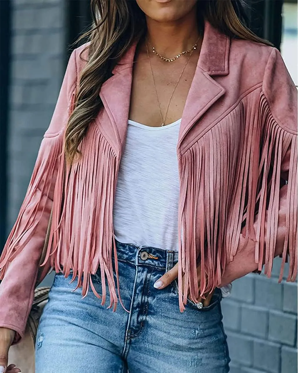 ebossy Women's Suede Fringe Jacket Long Sleeve Slim Faux Leather Boyfriend Cropped Top with Tassles