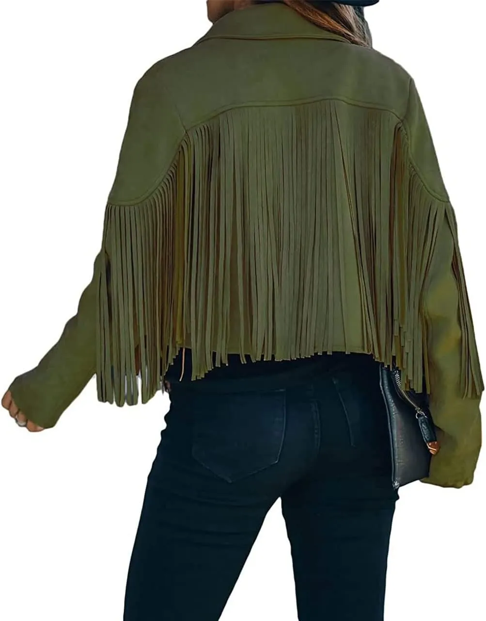 ebossy Women's Suede Fringe Jacket Long Sleeve Slim Faux Leather Boyfriend Cropped Top with Tassles