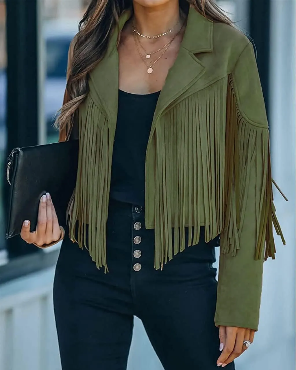 ebossy Women's Suede Fringe Jacket Long Sleeve Slim Faux Leather Boyfriend Cropped Top with Tassles