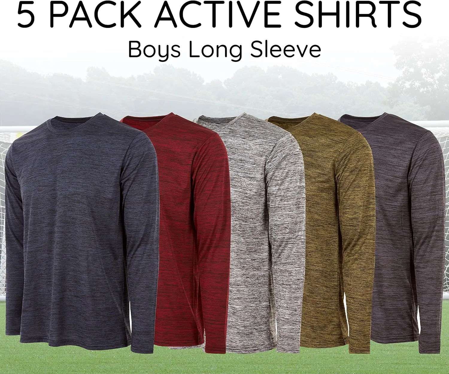 Essential Elements Boys Active Shirt - Quick-Dry Athletic Workout Training Stretch Crew Neck Long Sleeve Top 5 Pack