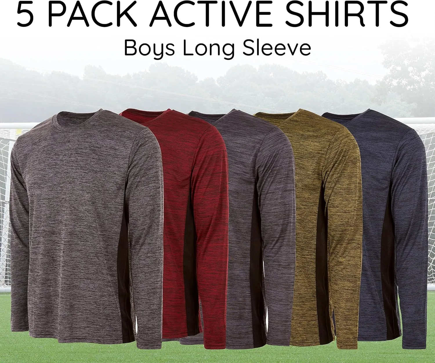 Essential Elements Boys Active Shirt - Quick-Dry Athletic Workout Training Stretch Crew Neck Long Sleeve Top 5 Pack