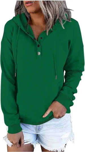 Fall Hoodies For Women Trendy 2024 Causal Long Sleeve Button Down Hooded Sweatshirt Solid Basic Pullover Tops