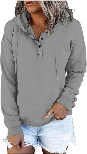 Fall Hoodies For Women Trendy 2024 Causal Long Sleeve Button Down Hooded Sweatshirt Solid Basic Pullover Tops