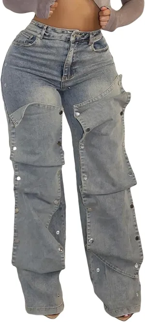 Famnbro Womens Baggy Cargo Jeans Y2K High Waisted Straight Wide Leg Detachable Denim Jeans