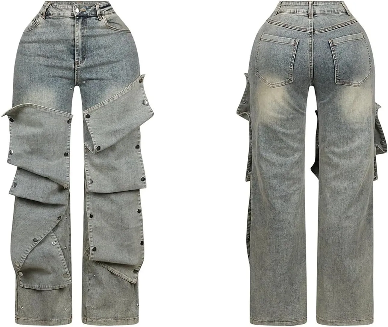 Famnbro Womens Baggy Cargo Jeans Y2K High Waisted Straight Wide Leg Detachable Denim Jeans