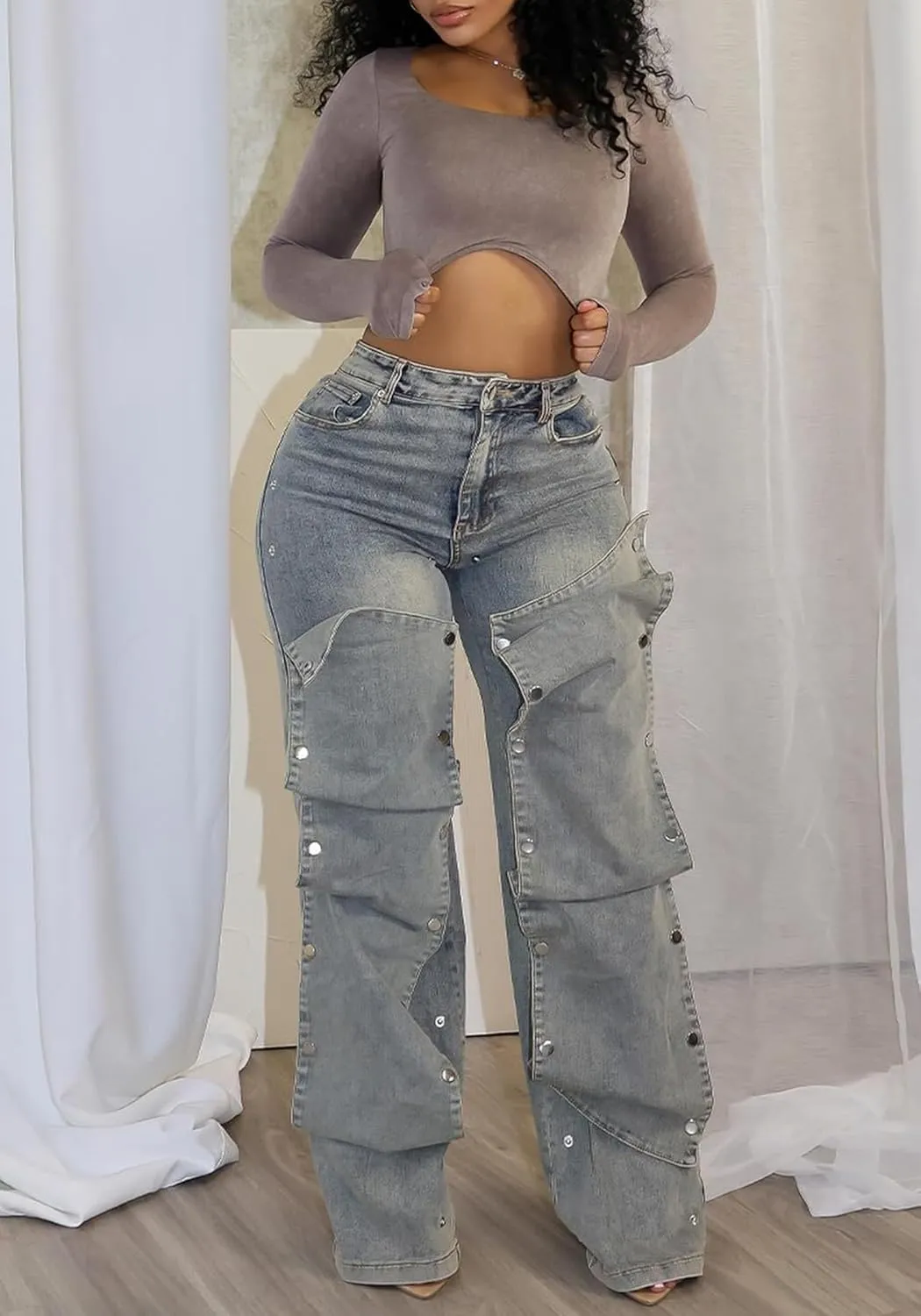 Famnbro Womens Baggy Cargo Jeans Y2K High Waisted Straight Wide Leg Detachable Denim Jeans