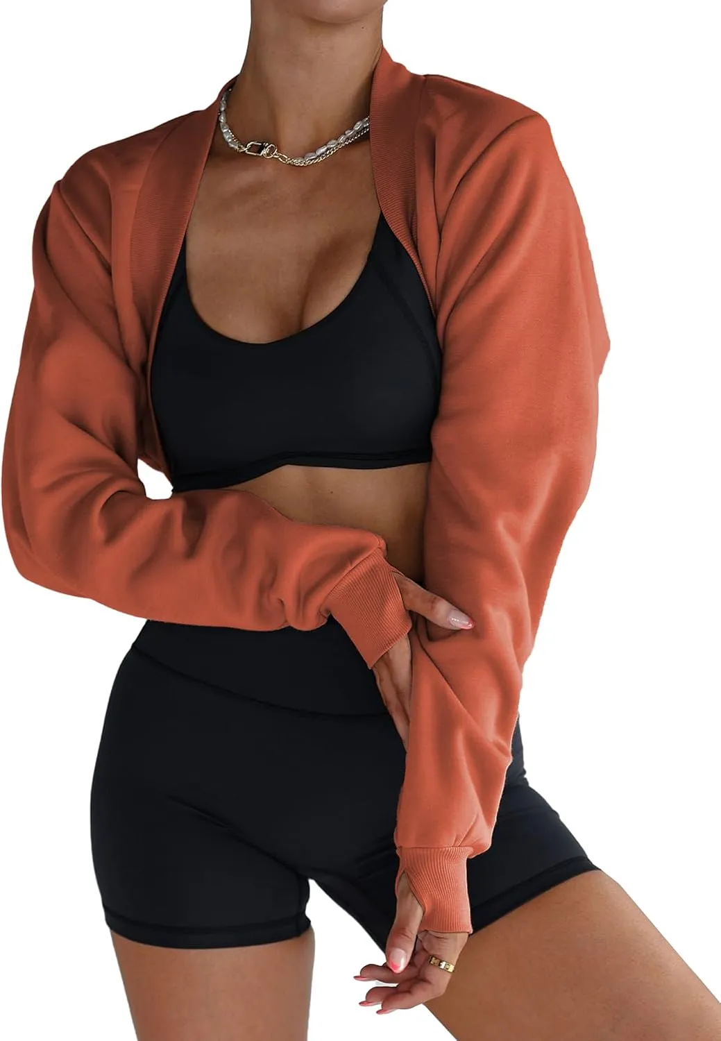 Famulily Womens Workout Shrug Long Sleeve Open Front Shrug Cropped Cardigans Trendy Bolero Sweatshirt with Thumb Holes