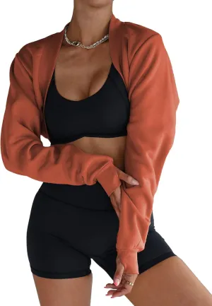 Famulily Womens Workout Shrug Long Sleeve Open Front Shrug Cropped Cardigans Trendy Bolero Sweatshirt with Thumb Holes