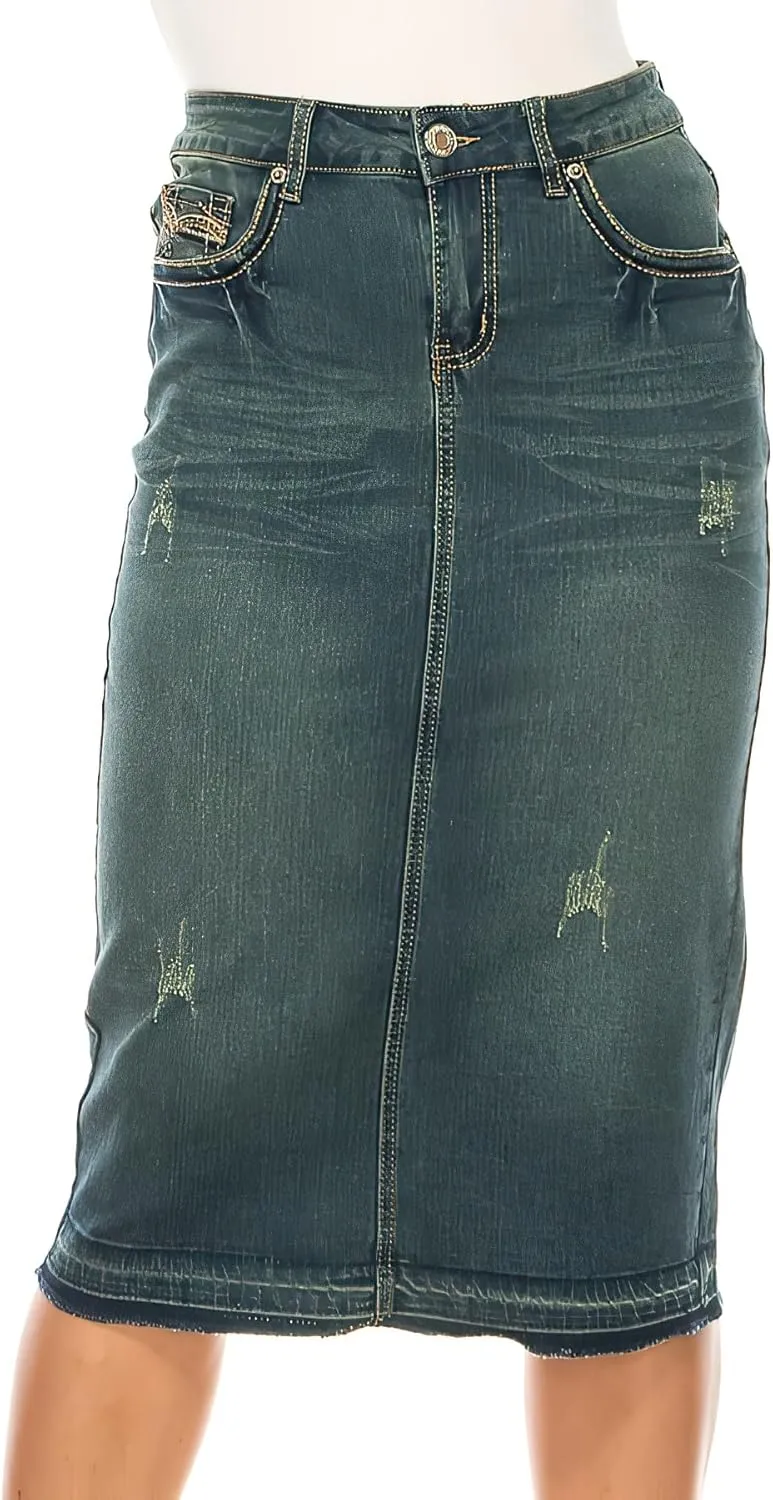 Fashion2Love Women's Juniors/Plus Size Calf - Length Stretch Denim Pencil Skirt (79097)