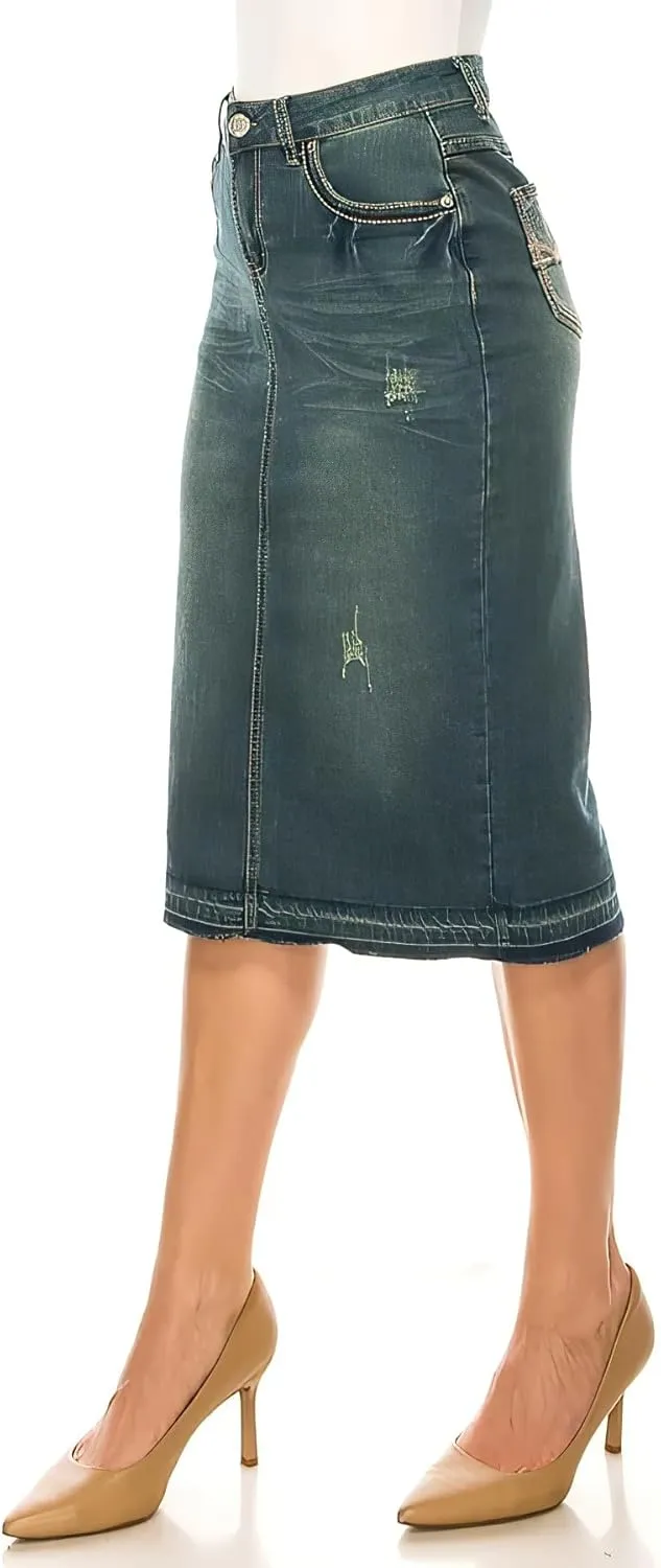 Fashion2Love Women's Juniors/Plus Size Calf - Length Stretch Denim Pencil Skirt (79097)