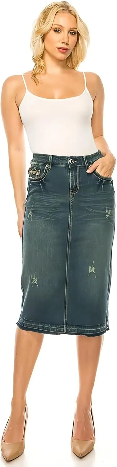 Fashion2Love Women's Juniors/Plus Size Calf - Length Stretch Denim Pencil Skirt (79097)