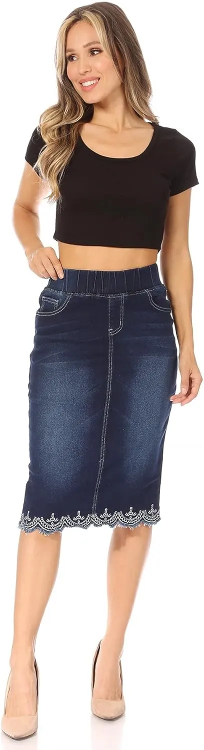 Fashion2Love Women's Juniors/Plus Size Elastic Waist Pencil Stretch Denim Skirt (79039)