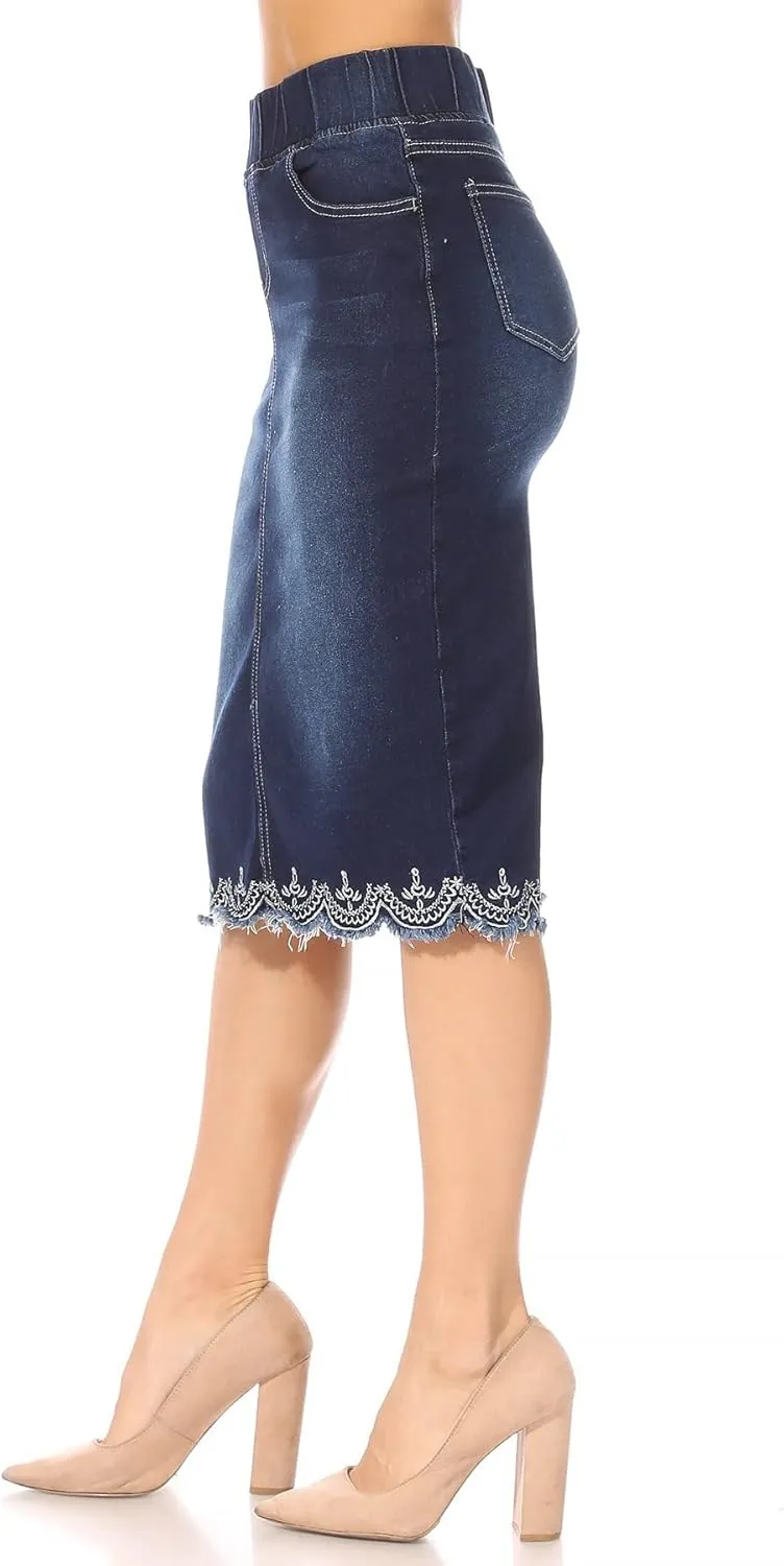 Fashion2Love Women's Juniors/Plus Size Elastic Waist Pencil Stretch Denim Skirt (79039)