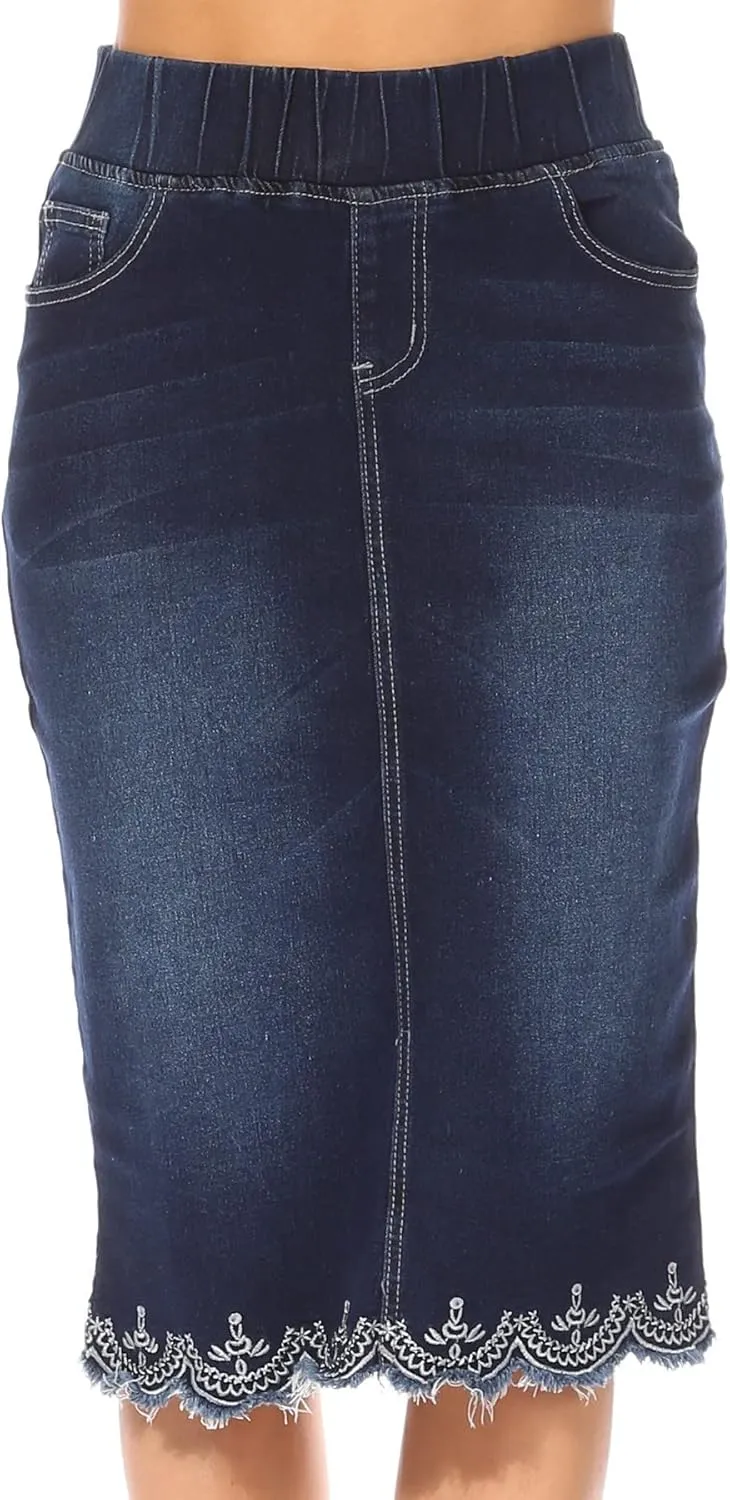 Fashion2Love Women's Juniors/Plus Size Elastic Waist Pencil Stretch Denim Skirt (79039)