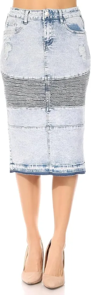 Fashion2Love Women's Juniors/Plus Size Middle - Length Stretch Denim Distressed Pencil Moto Skirt (79008)