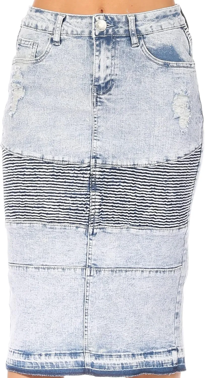 Fashion2Love Women's Juniors/Plus Size Middle - Length Stretch Denim Distressed Pencil Moto Skirt (79008)